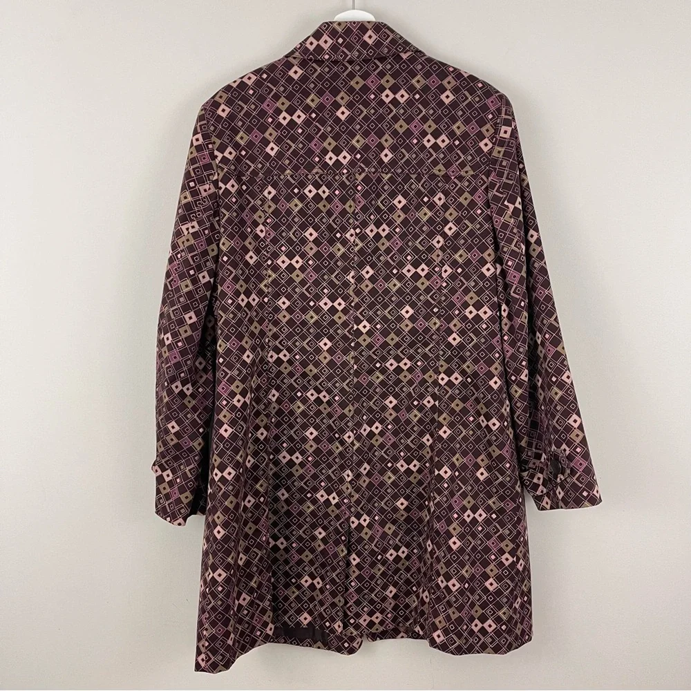 Bandolino Stretch Cotton Trench Brown Pink Geometric Square Print Jacket